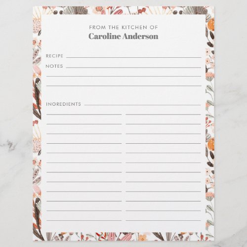 Stylish Floral Neutrals Border Custom Recipe Page