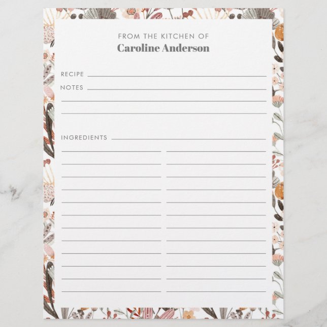 Stylish Floral Neutrals Border Custom Recipe Page (Front)