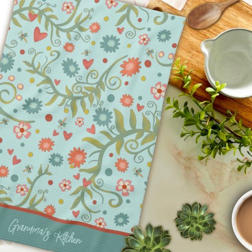 Stylish Floral Pattern Modern Customized Name  Kitchen Towel