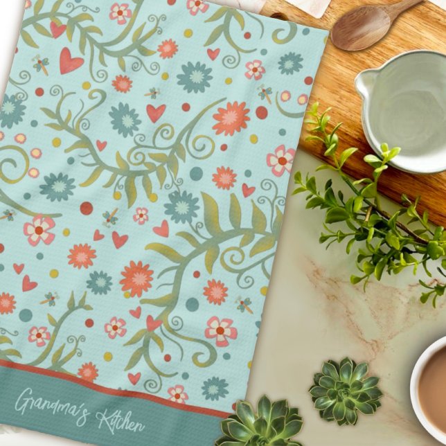 Stylish Floral Pattern Modern Customized Name  Kitchen Towel (Creator Uploaded)