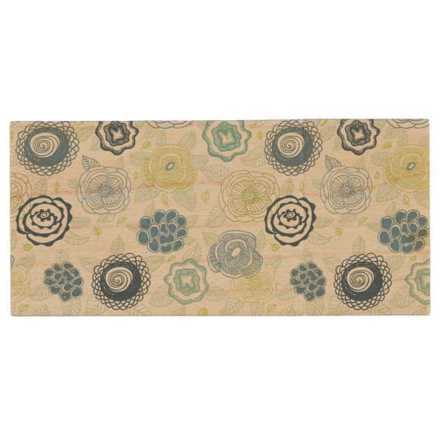 Stylish floral pattern with cute flowers wood flash drive (Front)