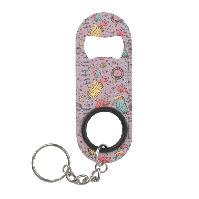 Stylish floral pattern with flowers keychain bottle opener (Front)