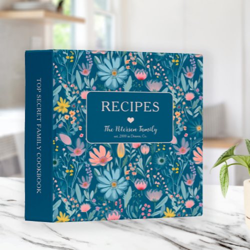 Stylish floral personalized family recipe cookbook 3 ring binder