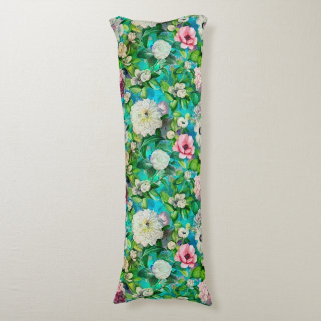 Stylish floral pink flowers blue monogram pattern body pillow (Front Vertical)