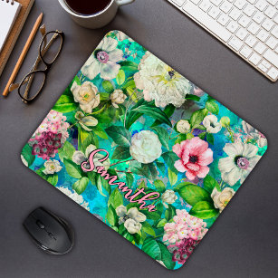 Stylish floral pink flowers blue monogram pattern mouse pad