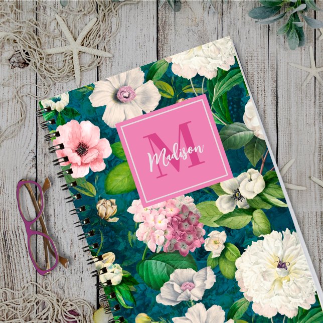 Stylish floral pink flowers green monogram pattern notebook (Creator Uploaded)