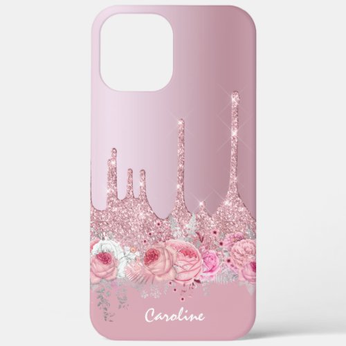 Stylish floral pink rose gold glitter drips iPhone 12 pro max case