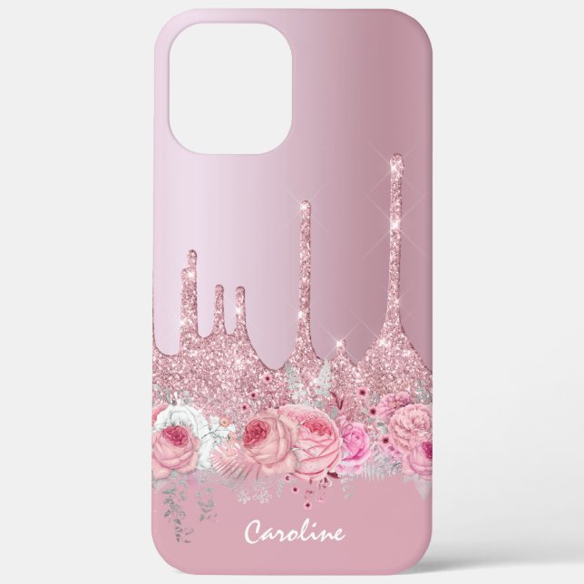 Stylish floral pink rose gold glitter drips Case-Mate iPhone case (Back)
