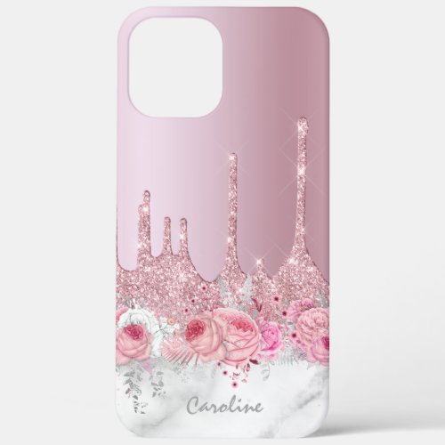 Stylish floral pink rose gold glitter drips marble iPhone 12 pro max case