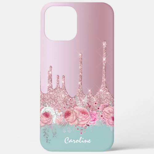 Stylish floral pink rose gold glitter drips mint iPhone 12 pro max case