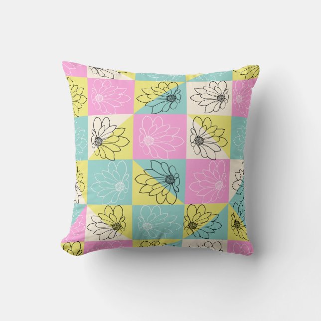 Stylish Floral pink teal & yellow Pastel Checkered Throw Pillow (Front)