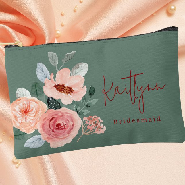Stylish Floral Sage Green & Orange Peach Script Accessory Pouch (Creator Uploaded)