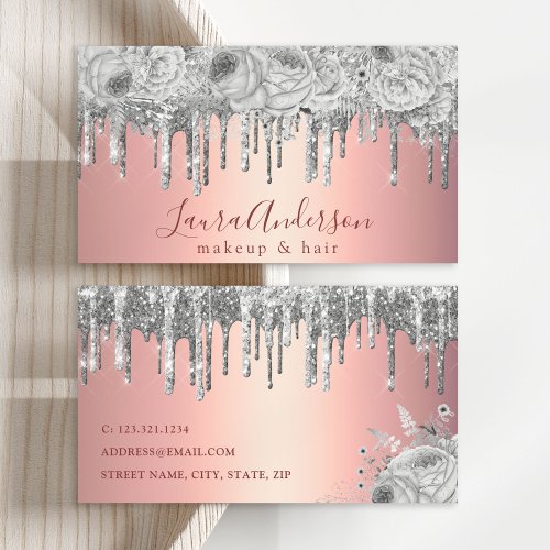 Stylish floral silver glitter drips makeup  hair business card