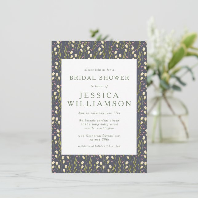 Stylish Floral Simple Custom Navy Bridal Shower Invitation (Standing Front)