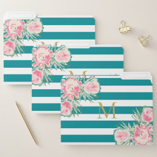 Stylish Floral Stripes Teal Gold Monogram  File Folder