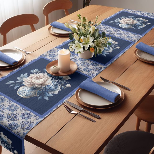 Stylish floral vase Blue chinoiserie monogram Short Table Runner (Creator Uploaded)