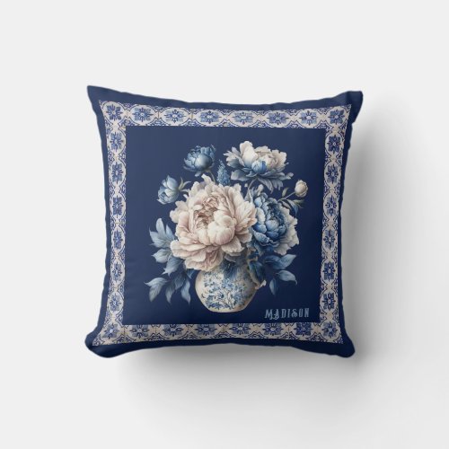 Stylish floral vase Blue chinoiserie monogram Throw Pillow