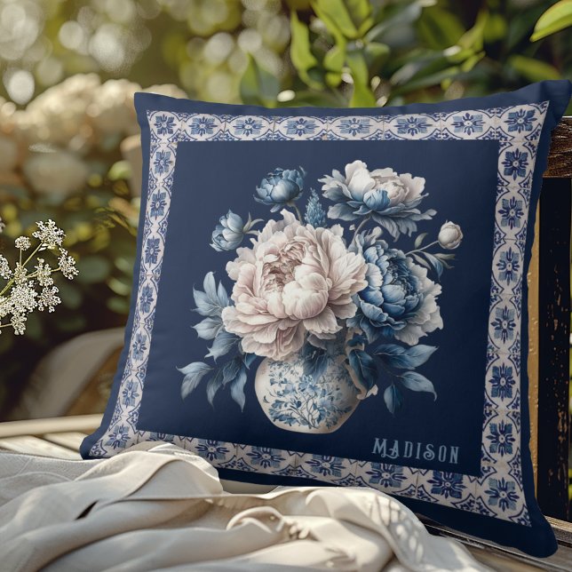 Stylish floral vase Blue chinoiserie monogram Throw Pillow (Creator Uploaded)