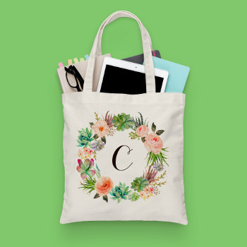 Stylish Floral Watercolor Modern Monogram Tote Bag by girlygirlgraphics at Zazzle