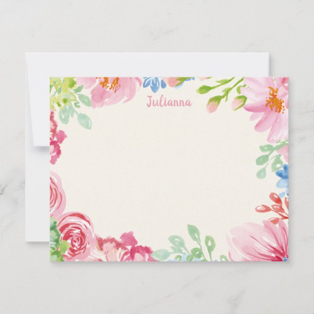 Stylish Floral Watercolor Personalized Stationery Note Card (Front)