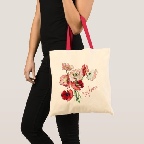 Stylish Floral Watercolor Poppies Custom Name Tote Bag
