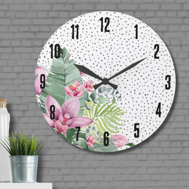 Stylish Floral Watercolor Tropical Large Clock (Cute Trendy Dot Relax Floral Watercolor Tropical Large Clock)