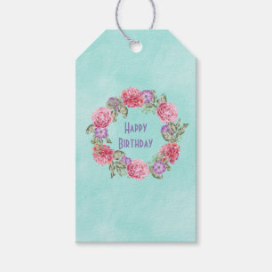 Stylish Floral Watercolor Wreath Happy Birthday Gift Tags