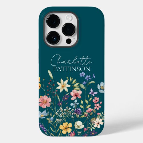 Stylish Floral _ Wildflower  Name Deep Teal Case_Mate iPhone 14 Pro Case