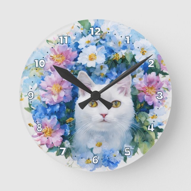 Stylish Floral with White Cat Wall Clock (Front)