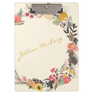 Stylish Floral Wreath Personalized Calligraphy Clipboard
