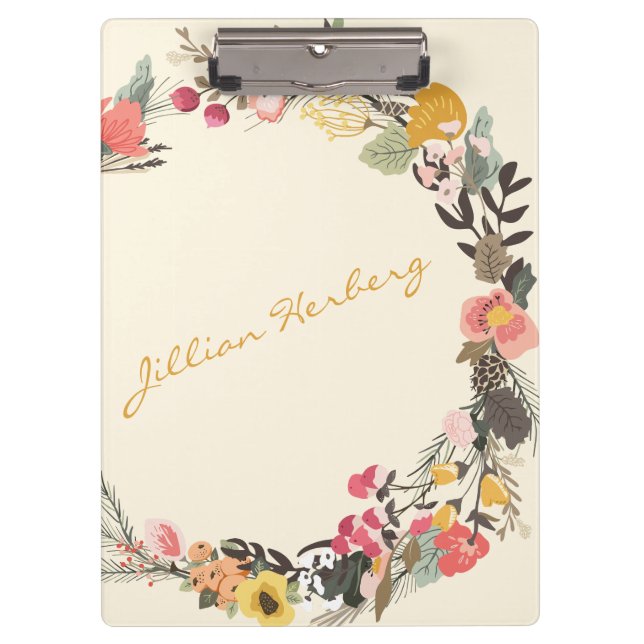 Stylish Floral Wreath Personalized Calligraphy Clipboard (Front)