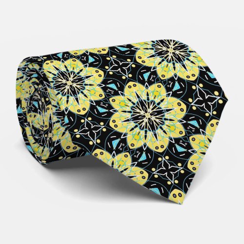 Stylish Floral Yellow  Black Geometric Pattern Neck Tie