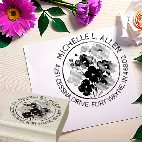 Stylish Flower Art Return Address Rubber Stamp
