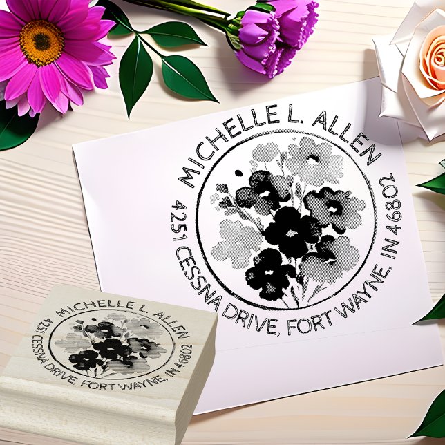 Stylish Flower Art Return Address Rubber Stamp (Creator Uploaded)