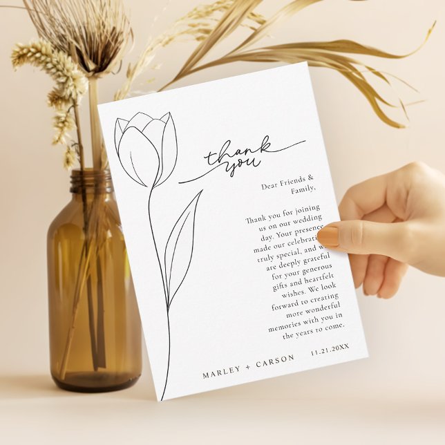 Stylish Flower Line Art Black White Wedding Thank You Card (Creator Uploaded)