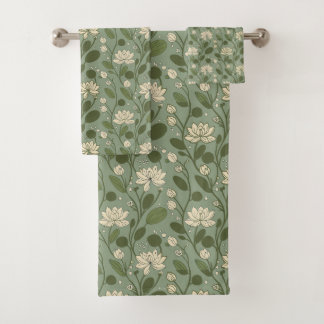 Stylish Flower Pattern on Laurel Green Bath Towel Set