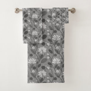 Stylish Flower Pattern on Silver Gray Bath Towel Set
