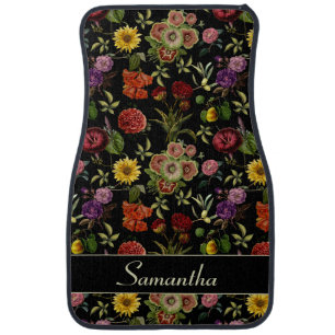 Stylish flowers and leaves black floral pattern car floor mat