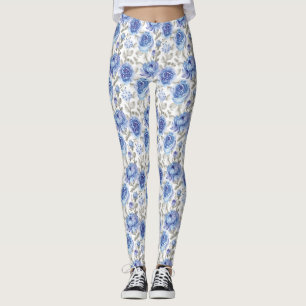 Stylish flowers Blue and gray Botanical pattern Leggings