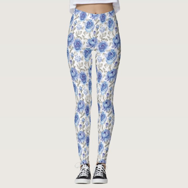 Stylish flowers Blue and gray Botanical pattern Leggings (Front)