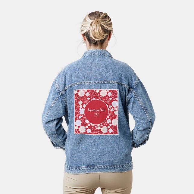 STYLISH FLOWERS FLORAL PATTERN CREAM RED WITH NAME DENIM JACKET (Model)