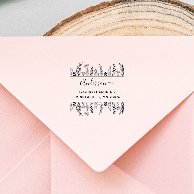 Stylish Flowers & Leaves Hand-drawn Custom Address Self-inking Stamp (Creator Uploaded)