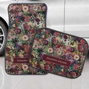 Stylish flowers leaves red monogram floral pattern car floor mat