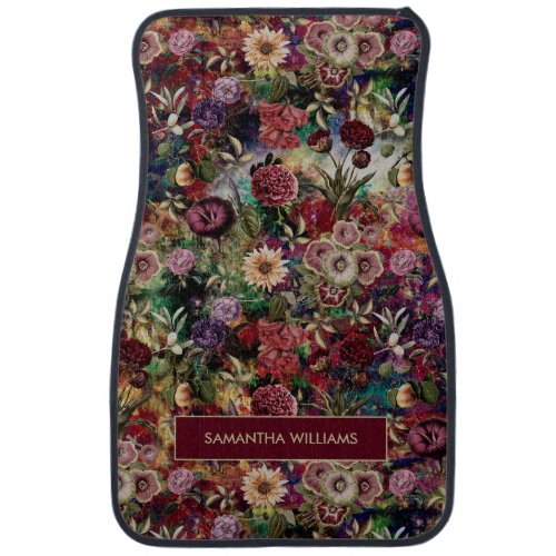 Stylish flowers leaves red monogram floral pattern car floor mat