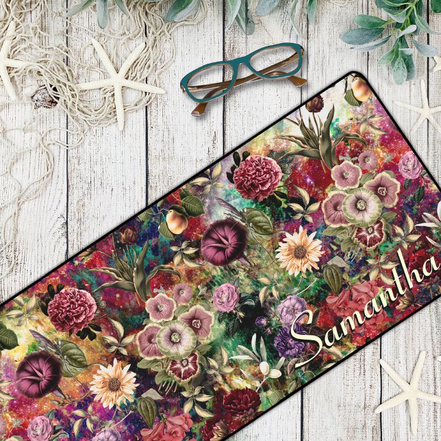 Stylish flowers leaves red monogram floral pattern desk mat (Creator Uploaded)