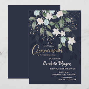 Stylish Flowers Navy Blue Quinceañera  Invitation
