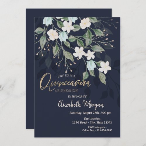 Stylish Flowers Navy Blue Quinceaera  Invitation