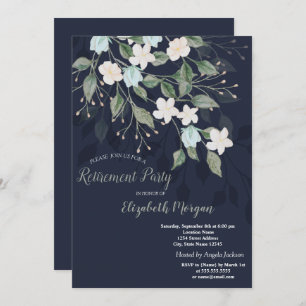 Stylish Flowers Navy Blue Retirement Invitation