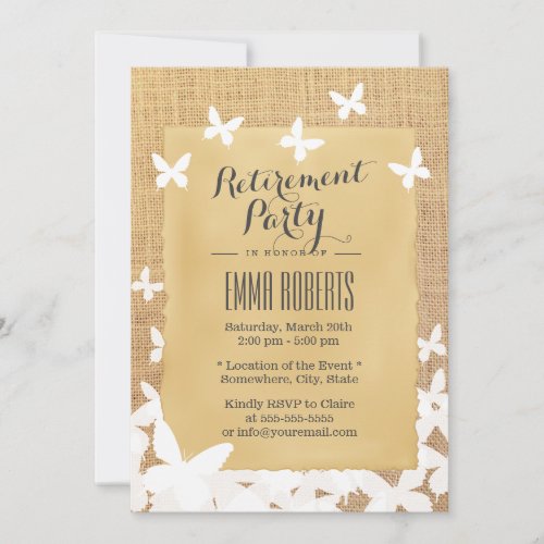 Stylish Flying Butterflies Burlap Retirement Invitation