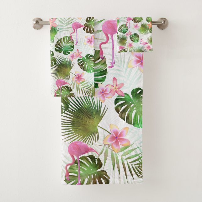 Stylish foliage and Flamingos tropical design Bath Towel Set (Insitu)